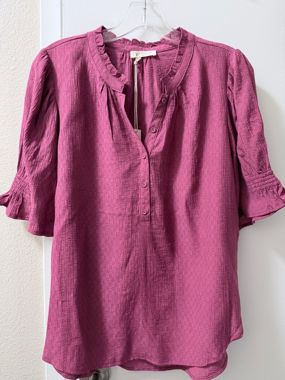 Lovestitch - Ruffled V-Neck Button Blouse in Berry Pink